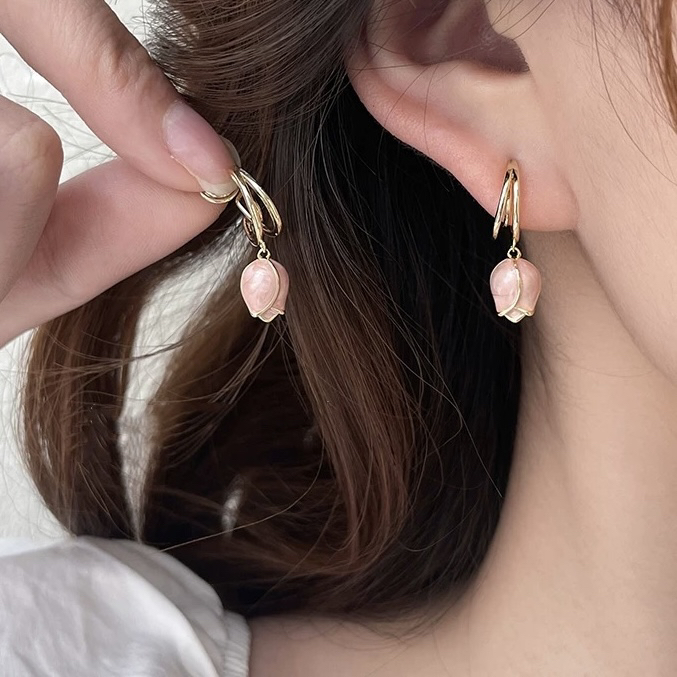 铜合金耳饰 粉色郁金香花朵耳环小众气质耳坠设计感法式耳饰E2197
