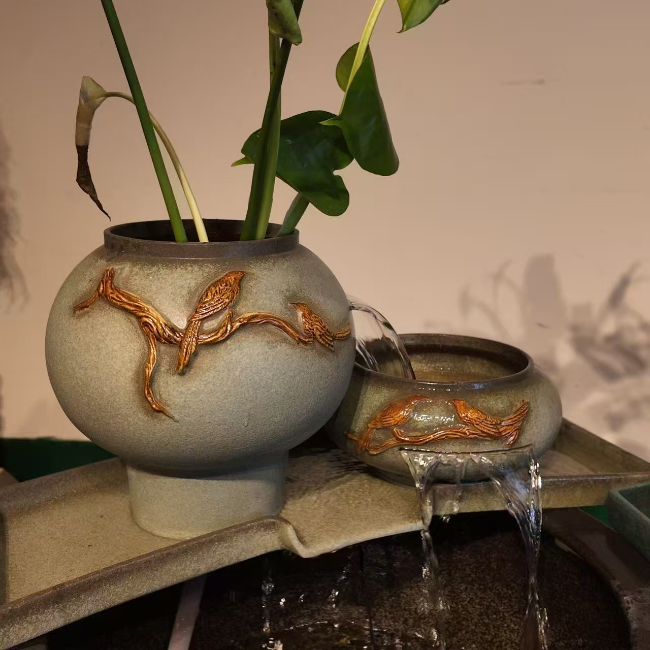 楚汉听香双喜古法养鱼瀑布流水造景过滤增氧生态陶瓷养鱼