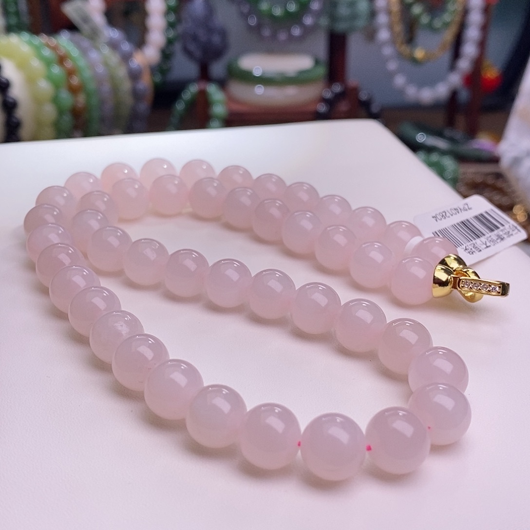 和田玉收藏级藕粉老矿料高冰樱花粉圆珠项链10m未镶嵌