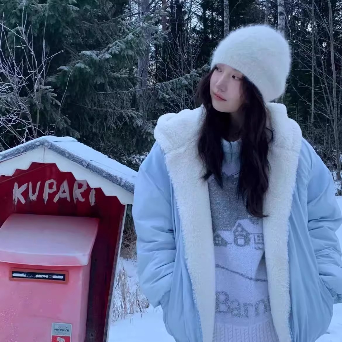 韩系清冷感冬季新款百搭宽松休闲双面穿羊羔毛连帽外套卫裤套装女