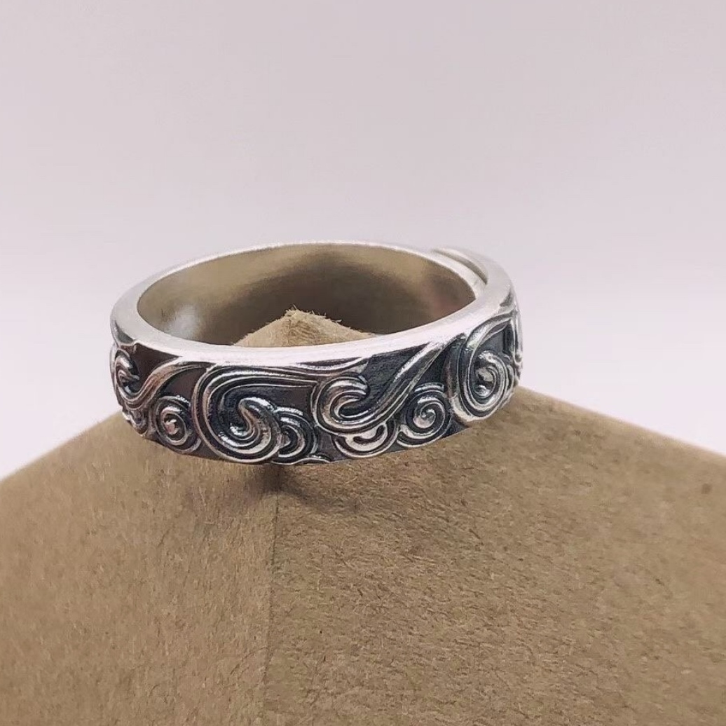 足银戒指 【尚古银坊】通体足银古法实心3D立体浮雕祥云叠口戒