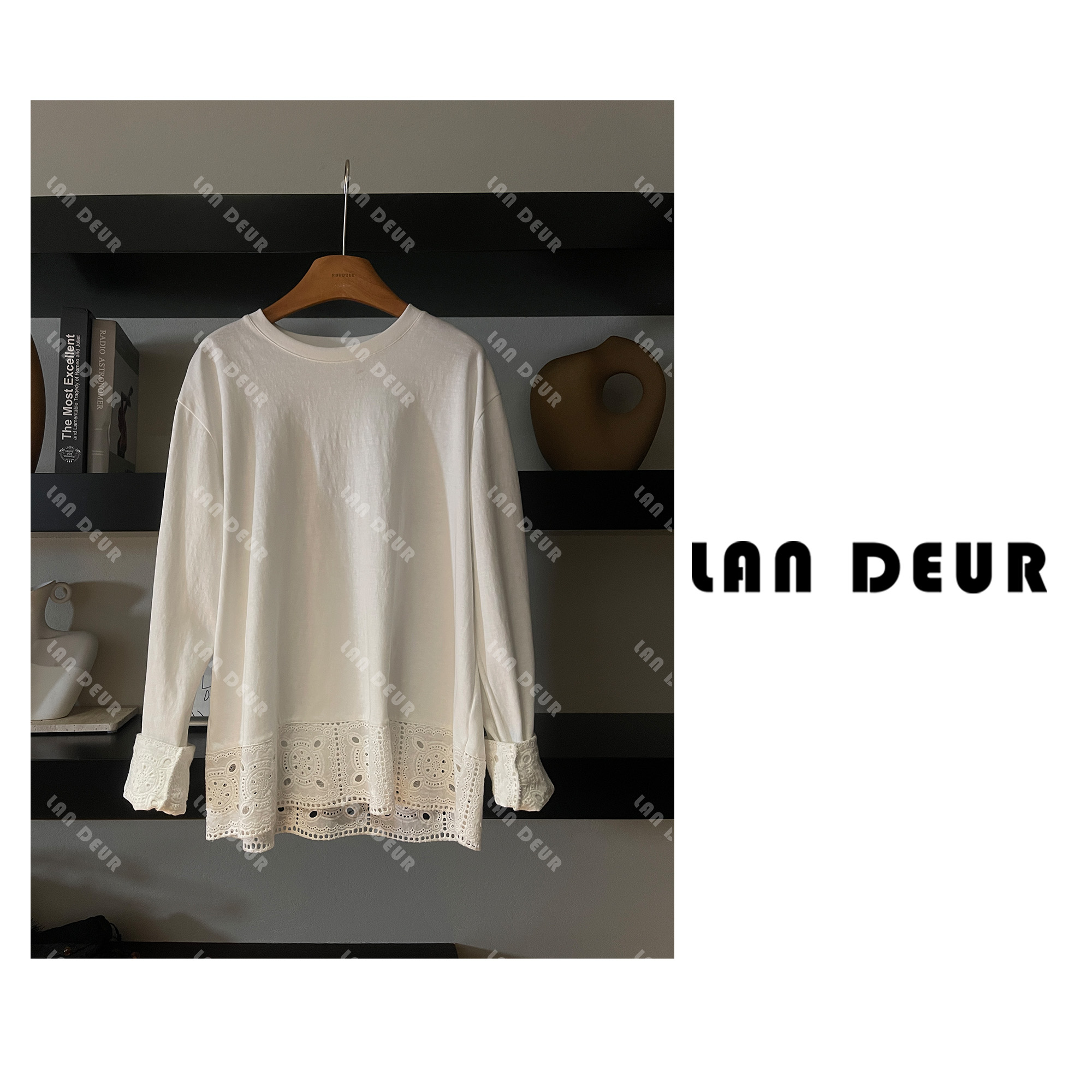 【绵绵雪】气质通勤百搭简约圆领蕾丝下摆T恤女上衣打底