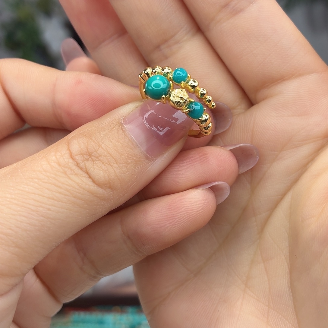 绿松石银S925镀金镶嵌戒指