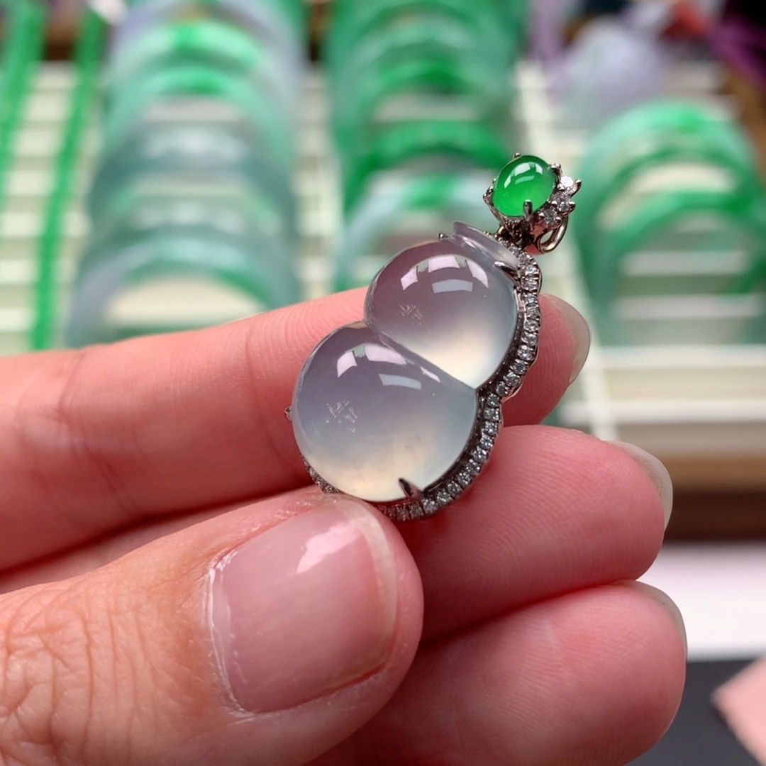 冰钢蛋葫芦 缅甸A货翡翠 18K金镶