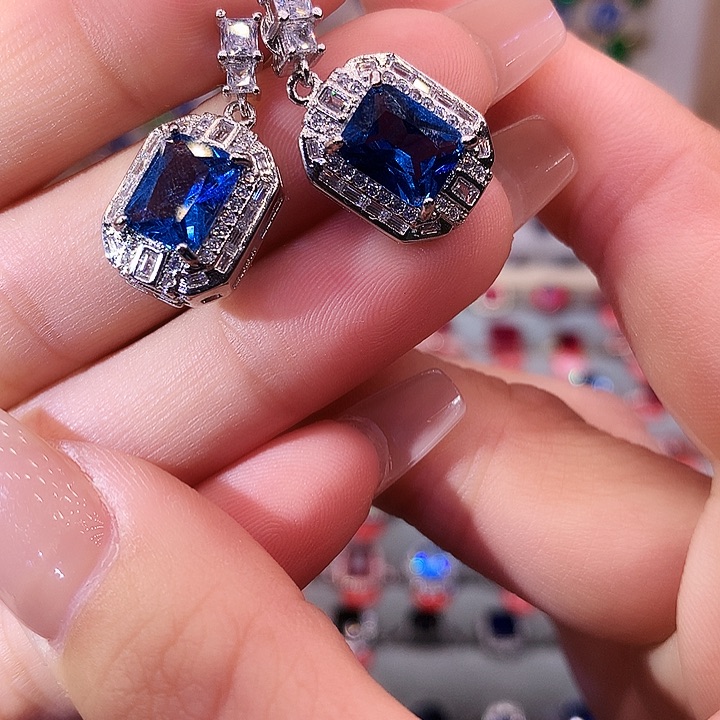 蓝宝石耳饰银S925镶嵌