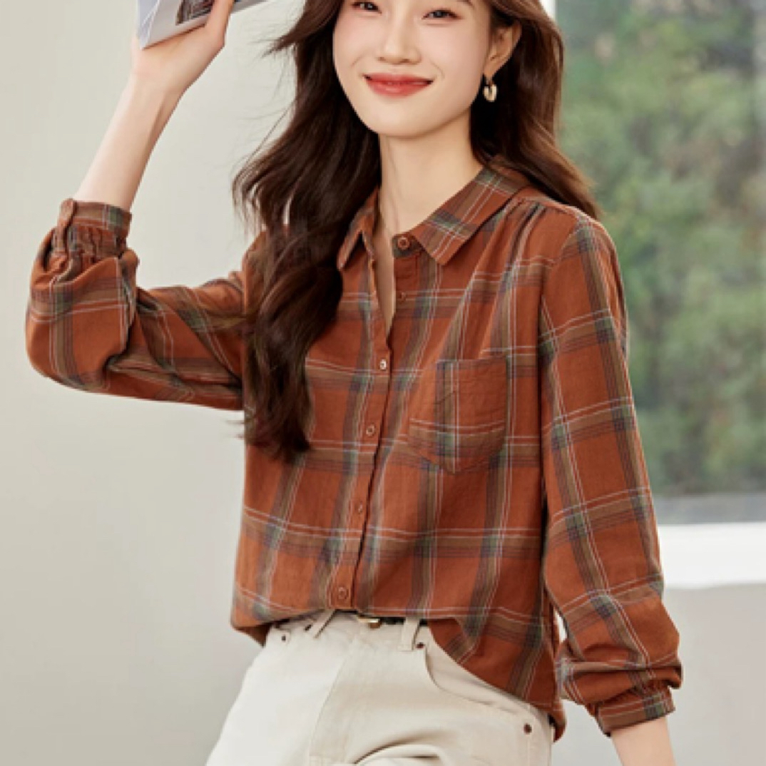 复古格子棉布长袖衬衫女春季新款休闲减龄单口袋叠穿上衣008