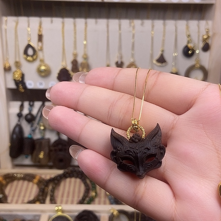 木质吊坠925银狐狸面具
