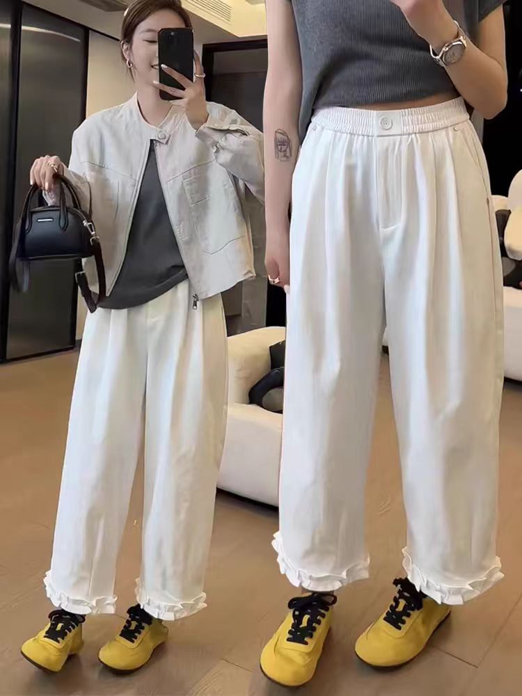 春夏新款大码696韩版休闲纯色简约百搭宽松木耳边松紧腰阔腿长裤