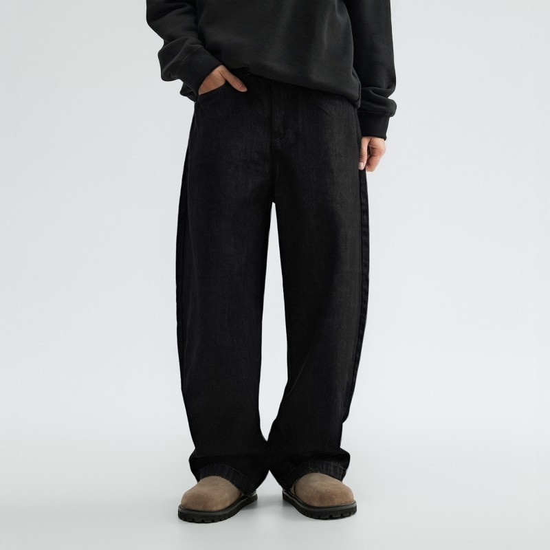 bdpowerup原牛黑牛仔裤男秋冬季美式阔腿裤休闲长裤宽松弯刀裤男