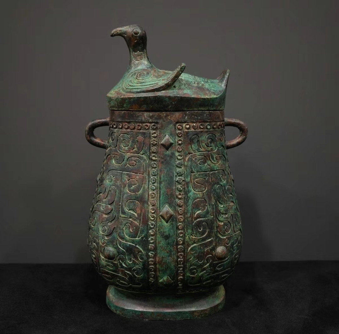 仿古西周鸟盖铜壶复古工艺品青铜器摆件