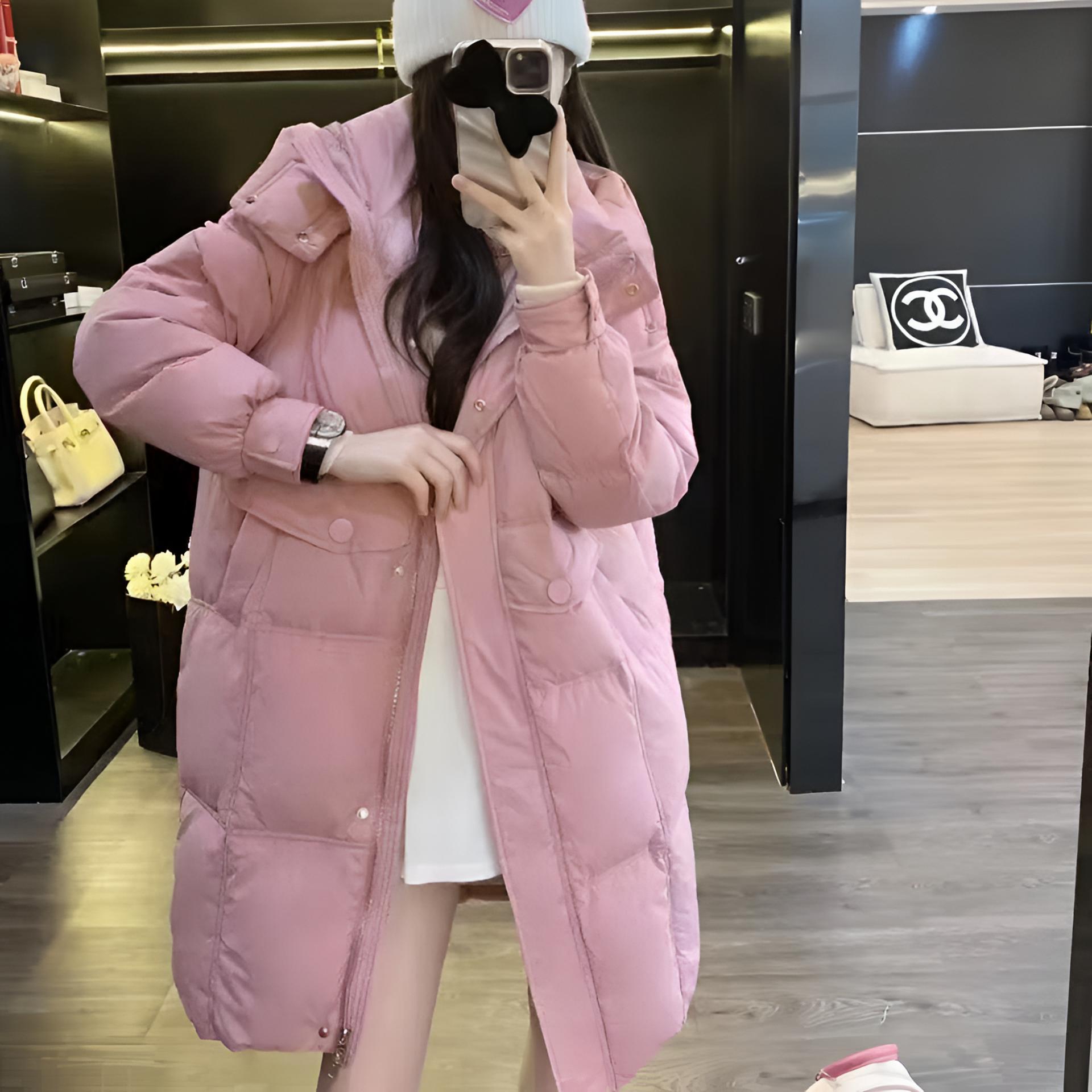 【五色缤纷】甜美风韩系秋冬时尚百搭中长款白鸭绒连帽羽绒服807