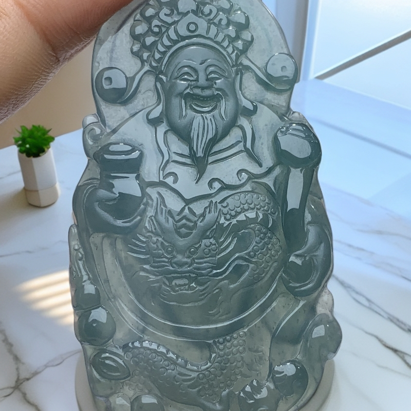 天然翡翠Ａ货蓝冰底精雕立体财神，财源广进女士精美高冰