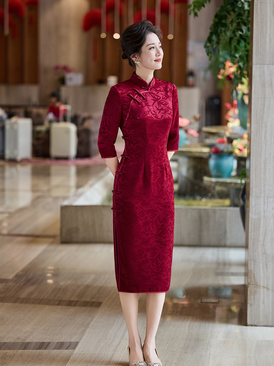 2025秋季新款进口三醋酸提花高端旗袍喜妈妈婆婆婚宴礼服裙L