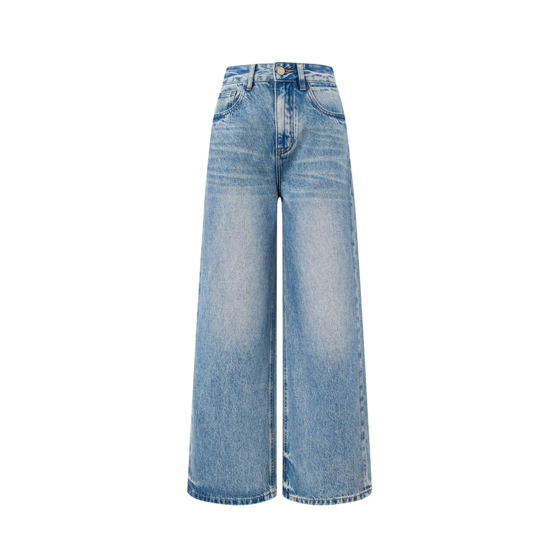 蓝色2025年春季宽松设计感阔腿裤显瘦牛仔裤女