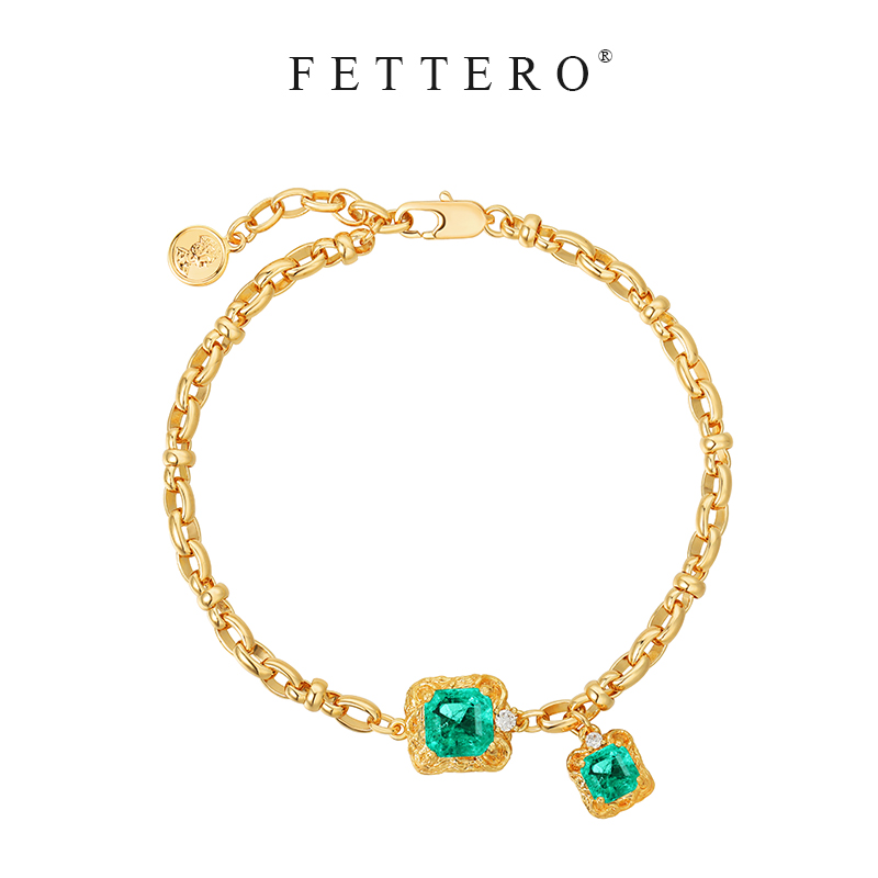 fettero 铜合金手链 【金色大小方块浮雕纹手链】气质轻奢复古镶嵌