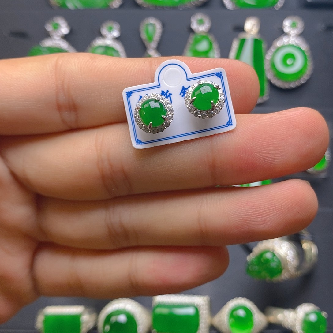 翡翠银S925镶嵌耳钉耳钉