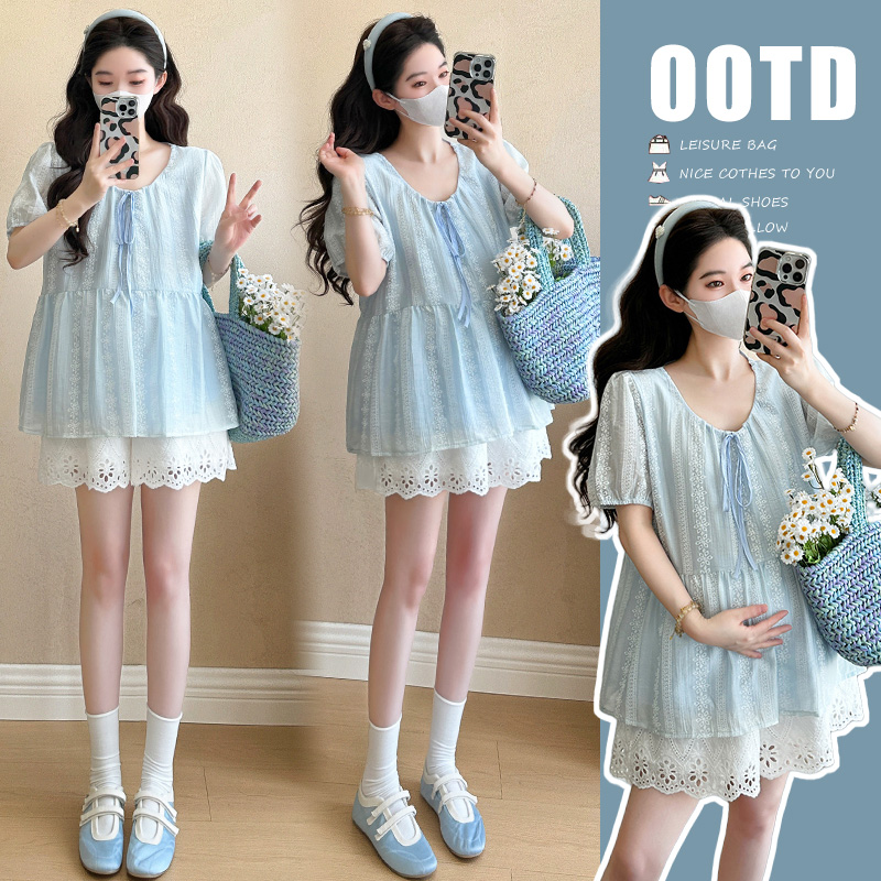 夏季新款韩版蕾丝娃娃衫泡泡袖上衣+蕾丝气质孕妇短裤孕妇套装