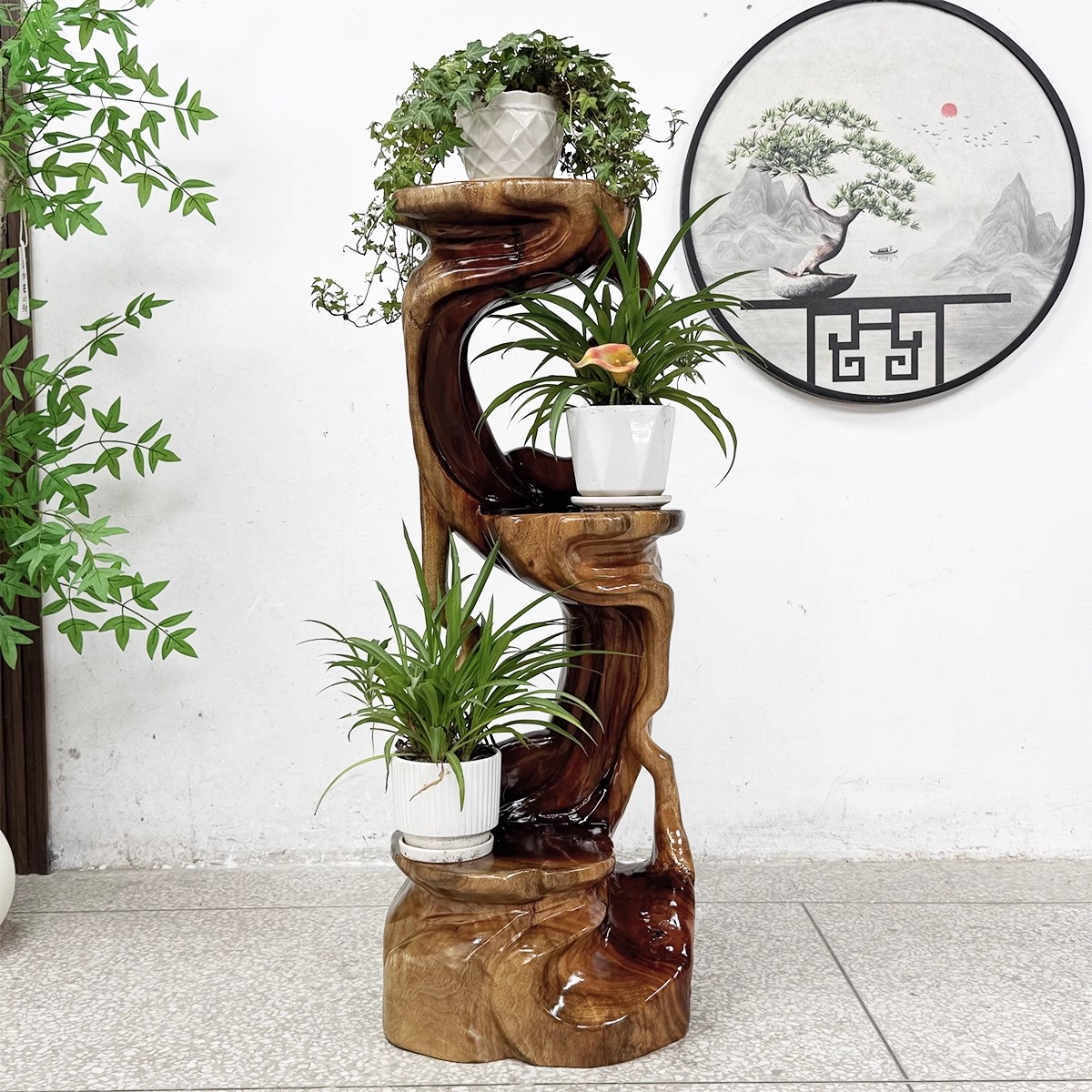 根雕花架实木树根香樟木天然木雕底座客厅落地摆件博古架