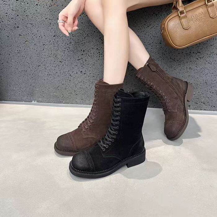 马丁靴女擦色短靴新款侧拉链做旧美拉德风系带骑士靴58006