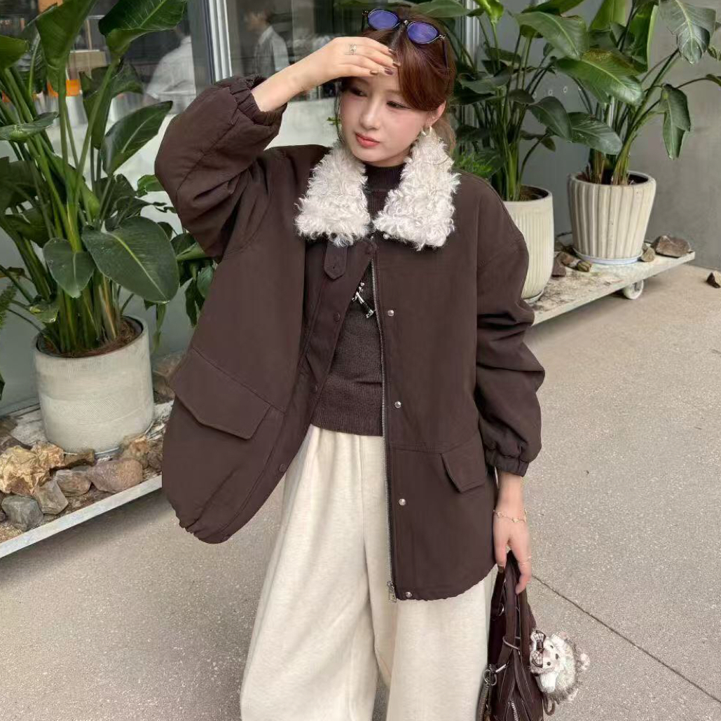 25751盐巴皮中长款翻领棉衣外套（衣长71左右）