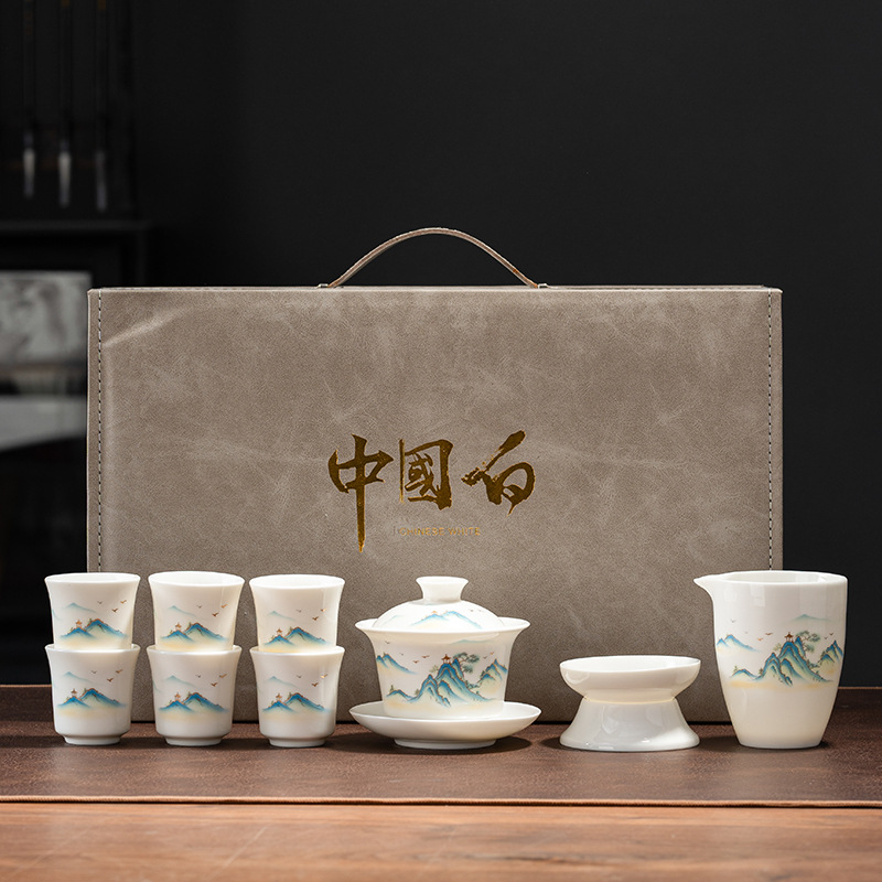 德化高档羊脂玉千里江山白瓷功夫茶具套装整套家用盖碗礼盒装礼品