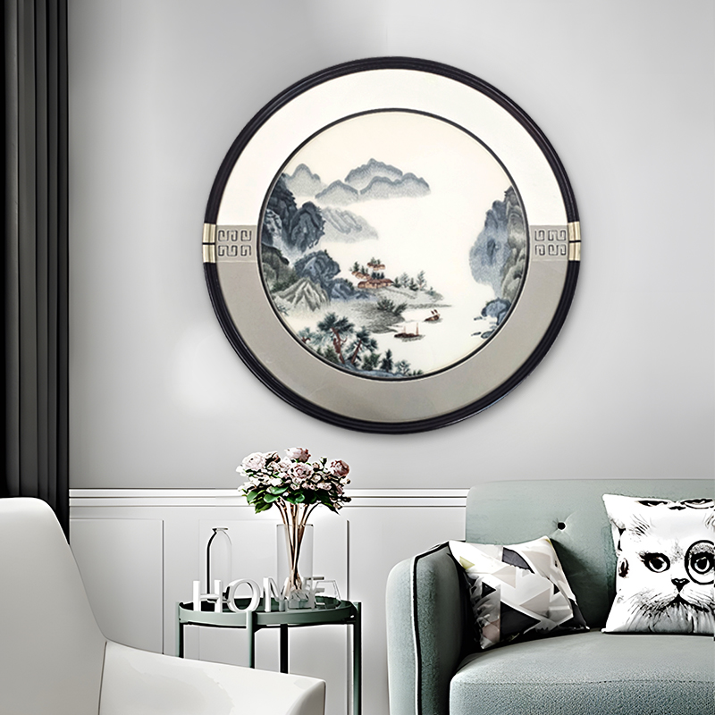 益师傅实物立体刺绣装饰画 中式玄关实木边框钢化玻璃山水画8080