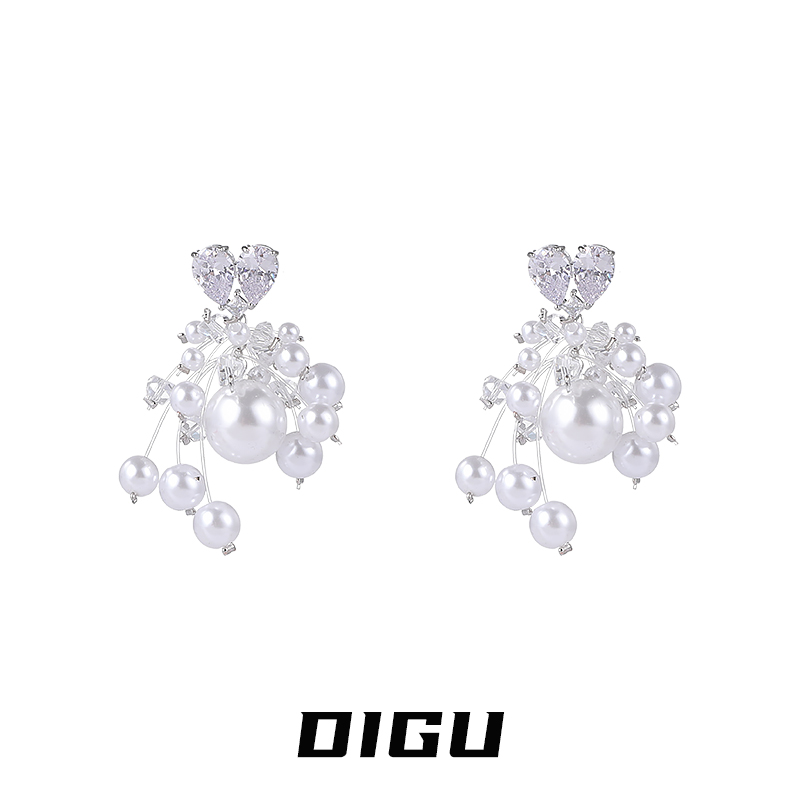 嘀咕家 铜合金仿珍珠耳饰 法式珍珠流苏爱心耳环浪漫耳钉独特耳饰