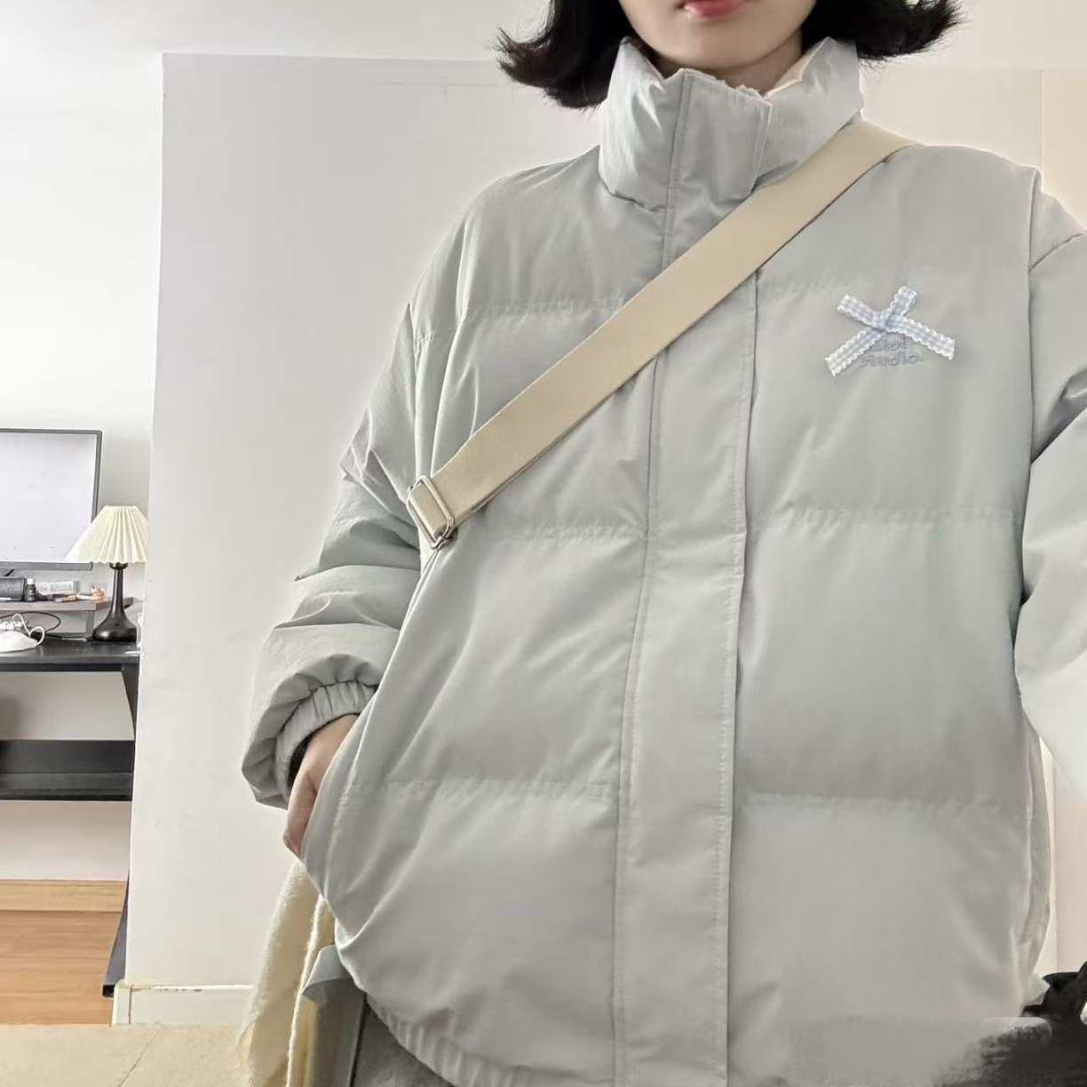 韩系撞色蝴蝶结立领时尚棉服女冬季新款百搭休闲宽松面包服外套潮