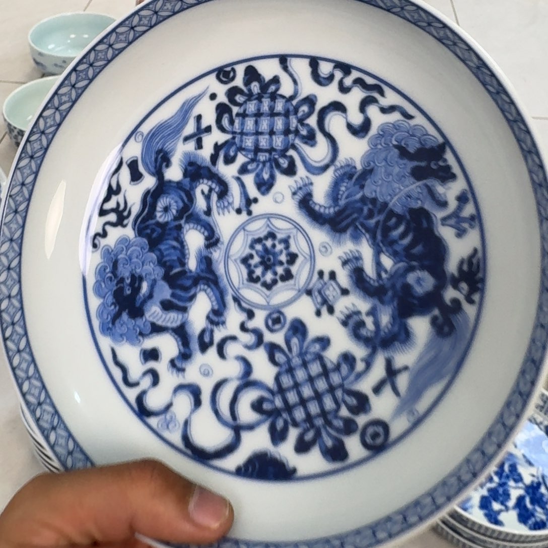 摆件陶青花狮子大壶承