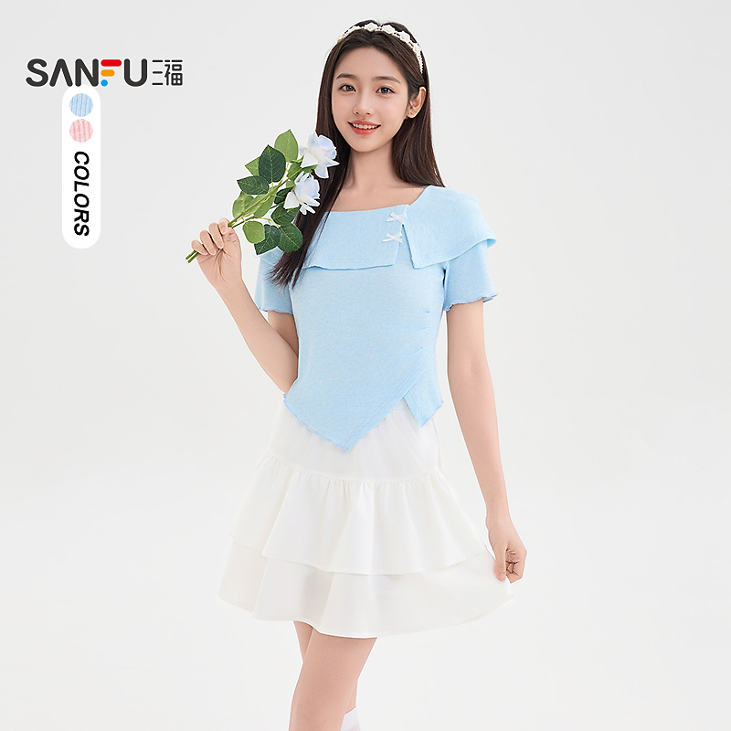 三福针织套装2025夏季甜美收腰上衣半裙蝴蝶结裙装女装501389