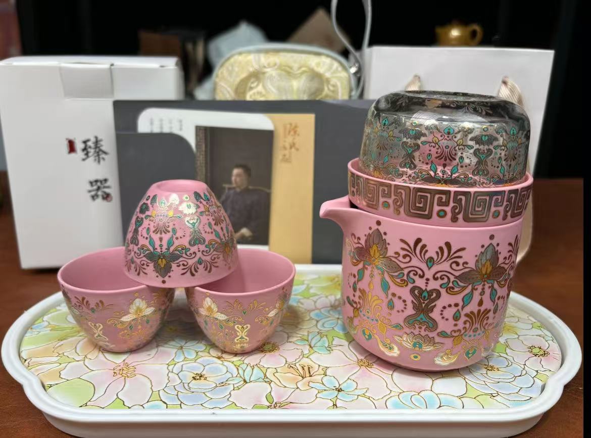 zh4039-粉泥敦煌佛莲旅行套一壶＋4杯＋证书＋卡盒便携式陶瓷礼盒装