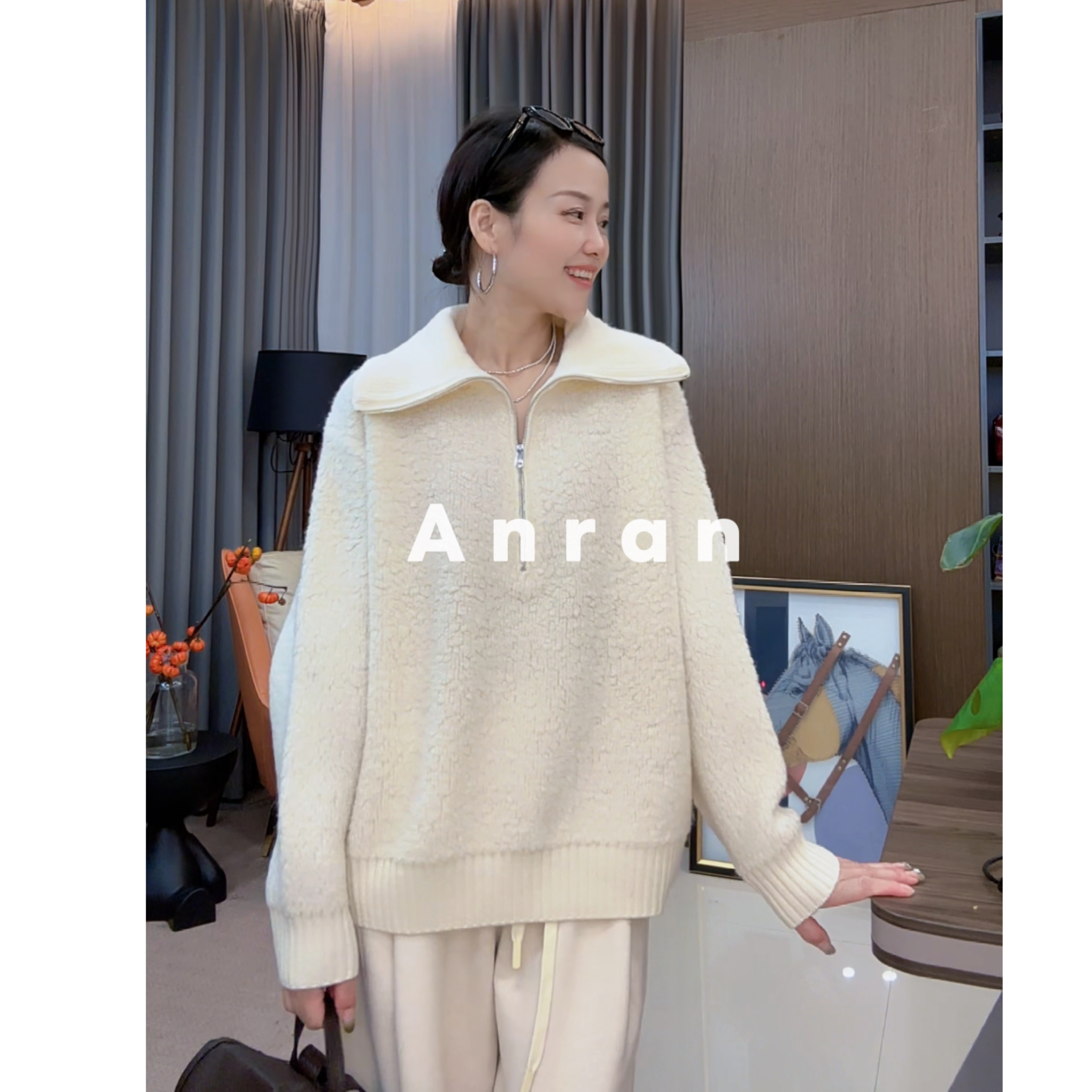 安然 设计感小圈圈全羊毛 冬季时尚丹宁风拉链翻领针织毛衣6615