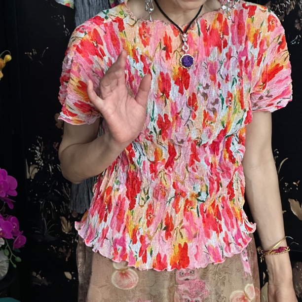 【朱帝家】碎花郁金香粉色褶皱T恤