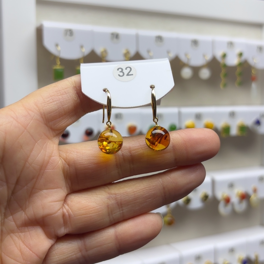 琥珀（花珀）银S925镶嵌耳饰