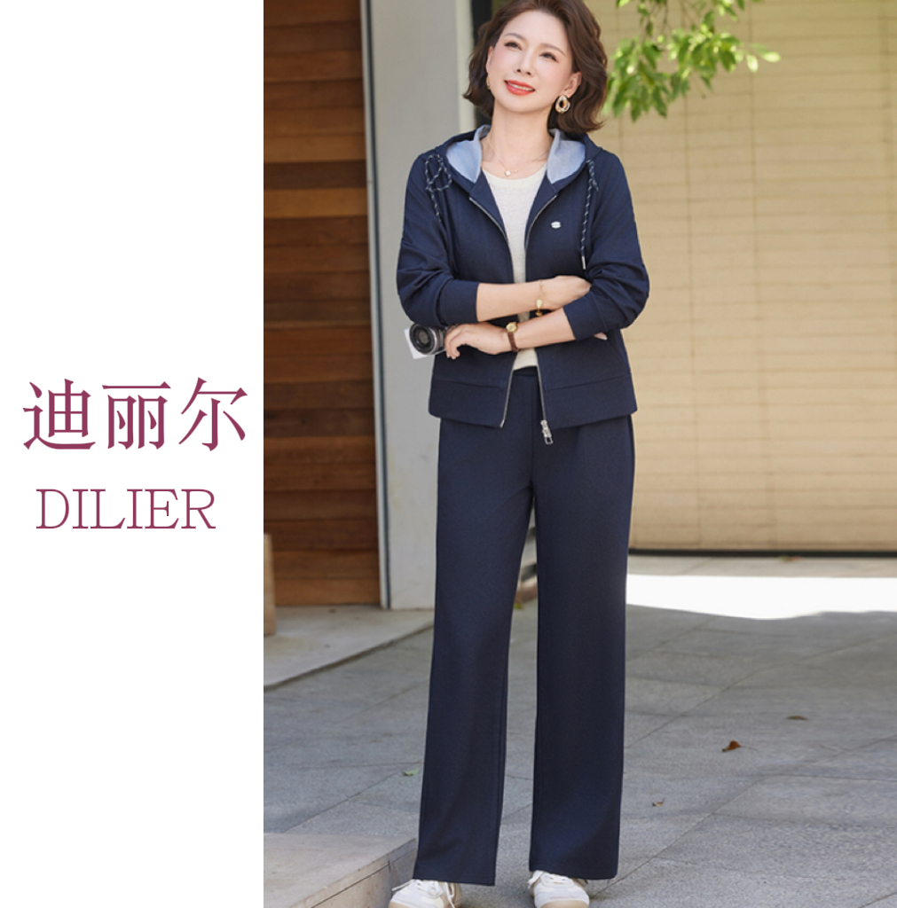 秋冬新款宽松连帽中老年女装外套裤子休闲款减龄女装时尚两件套装