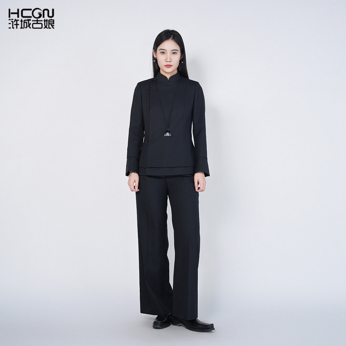 中国风绵羊毛气质通勤女显瘦玄黑魅影套装HASS180029+HASS090013