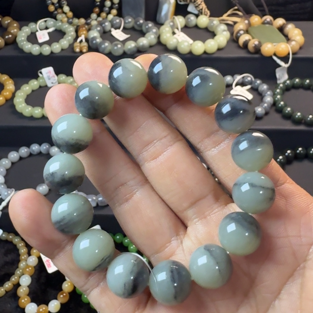 和田玉未镶嵌手链（NGTC国检证书）新疆若羌聚墨青花卡13.5