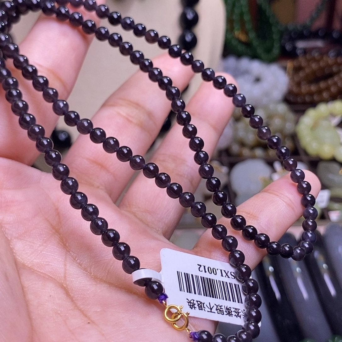 和田玉未镶嵌颈饰老矿料烟紫约4mm小米珠