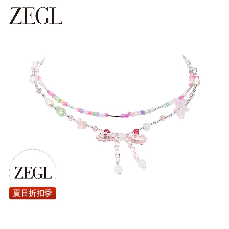ZEGL 铜合金项链 蝴蝶结叠搭项链法式气质简约百搭个性首饰