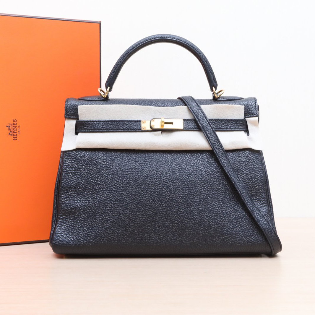 95新 Hermes/爱马仕 小花双双 Kelly 32 黑色 Togo皮 框Q 金扣 包