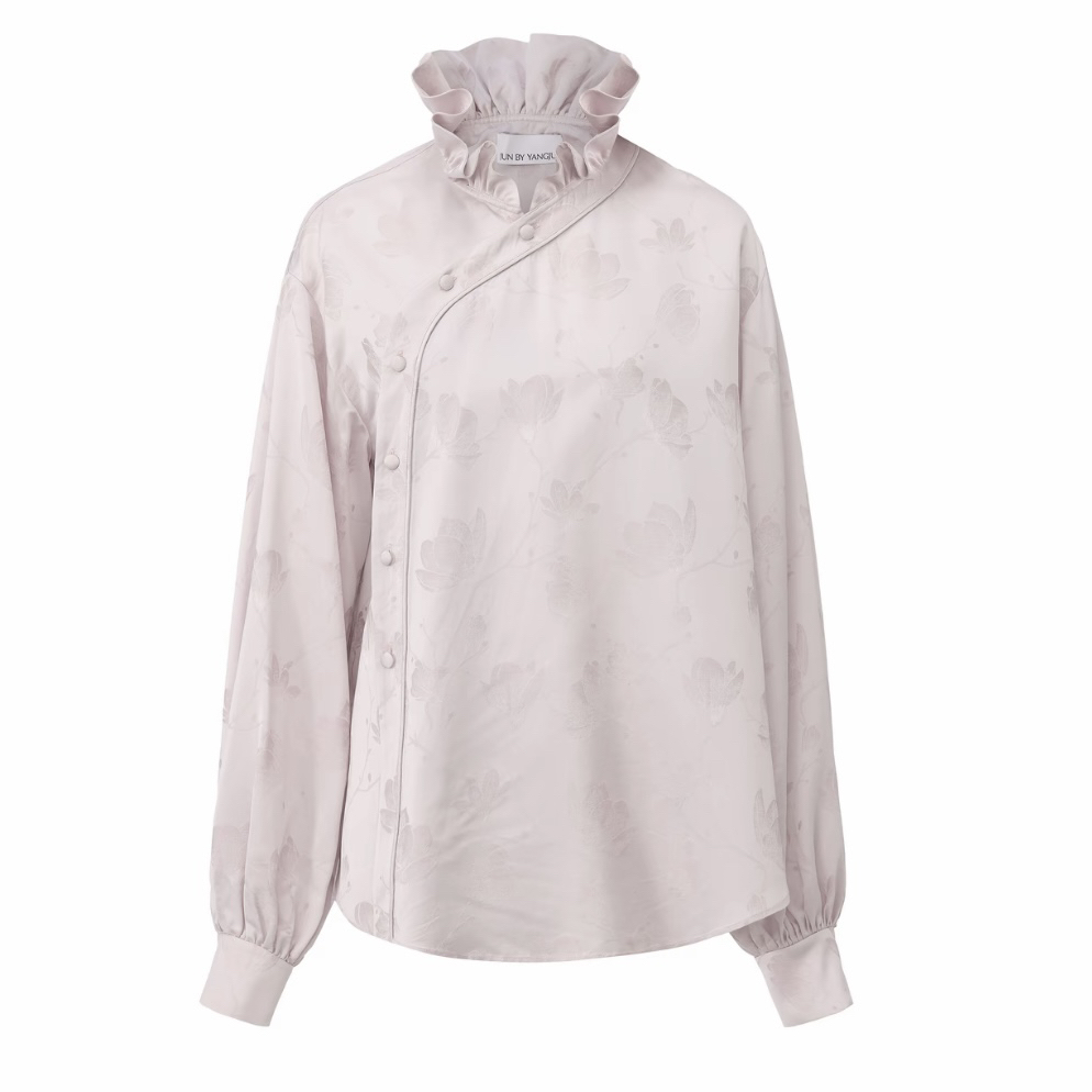 JUNYANG杨君 紫烟珑荷叶领中式斜领衬衫