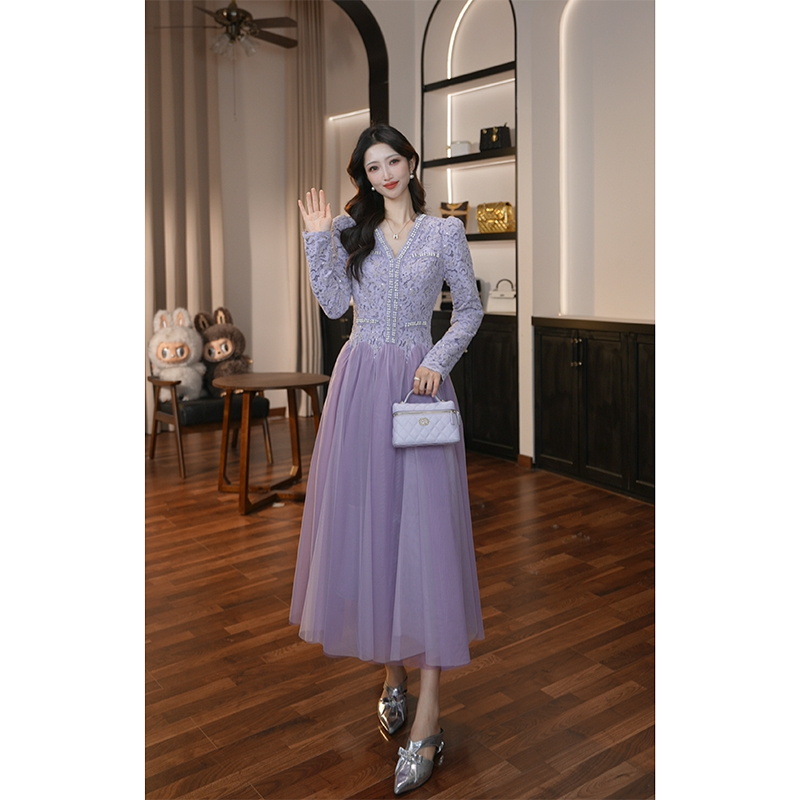 【滋滋定制】新款法式显瘦轻熟风拼接气质V领A字连衣裙45470