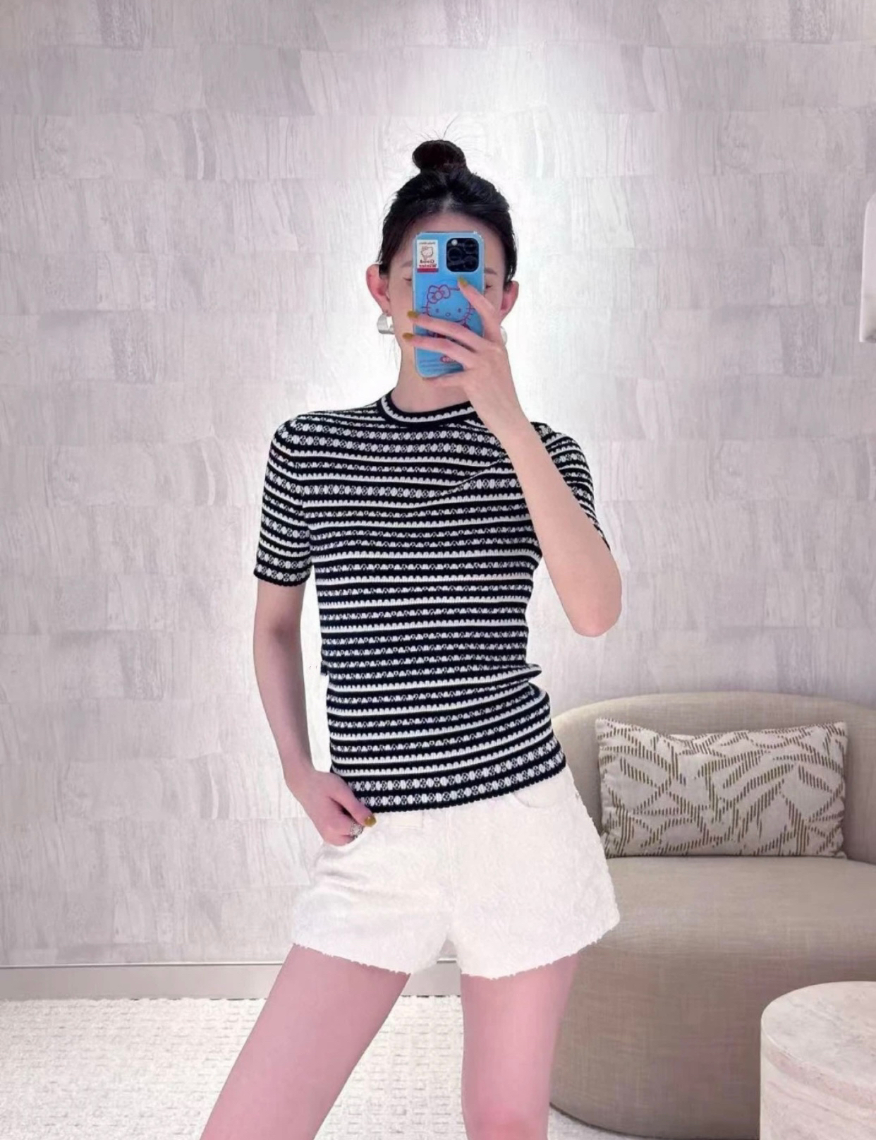 「长芯」高品时髦慵懒波浪花边撞色针织短袖YZ24K011115