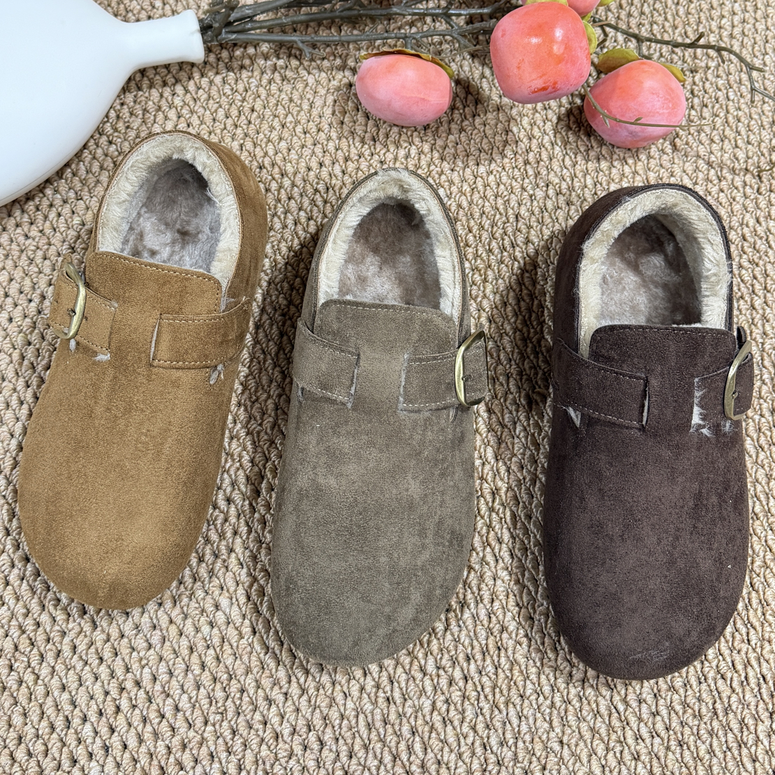 冬季加绒保暖厚底勃肯鞋女款复古百搭一脚蹬毛毛棉鞋韩版时尚外穿