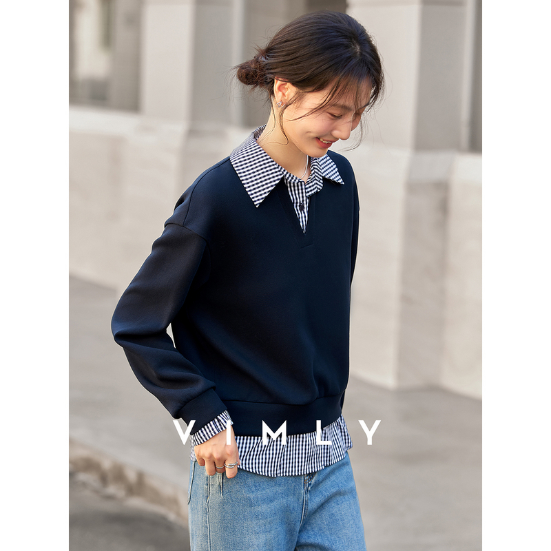 梵希蔓藏青色学院风翻领假两件卫衣女秋季设计感显瘦上衣A2068