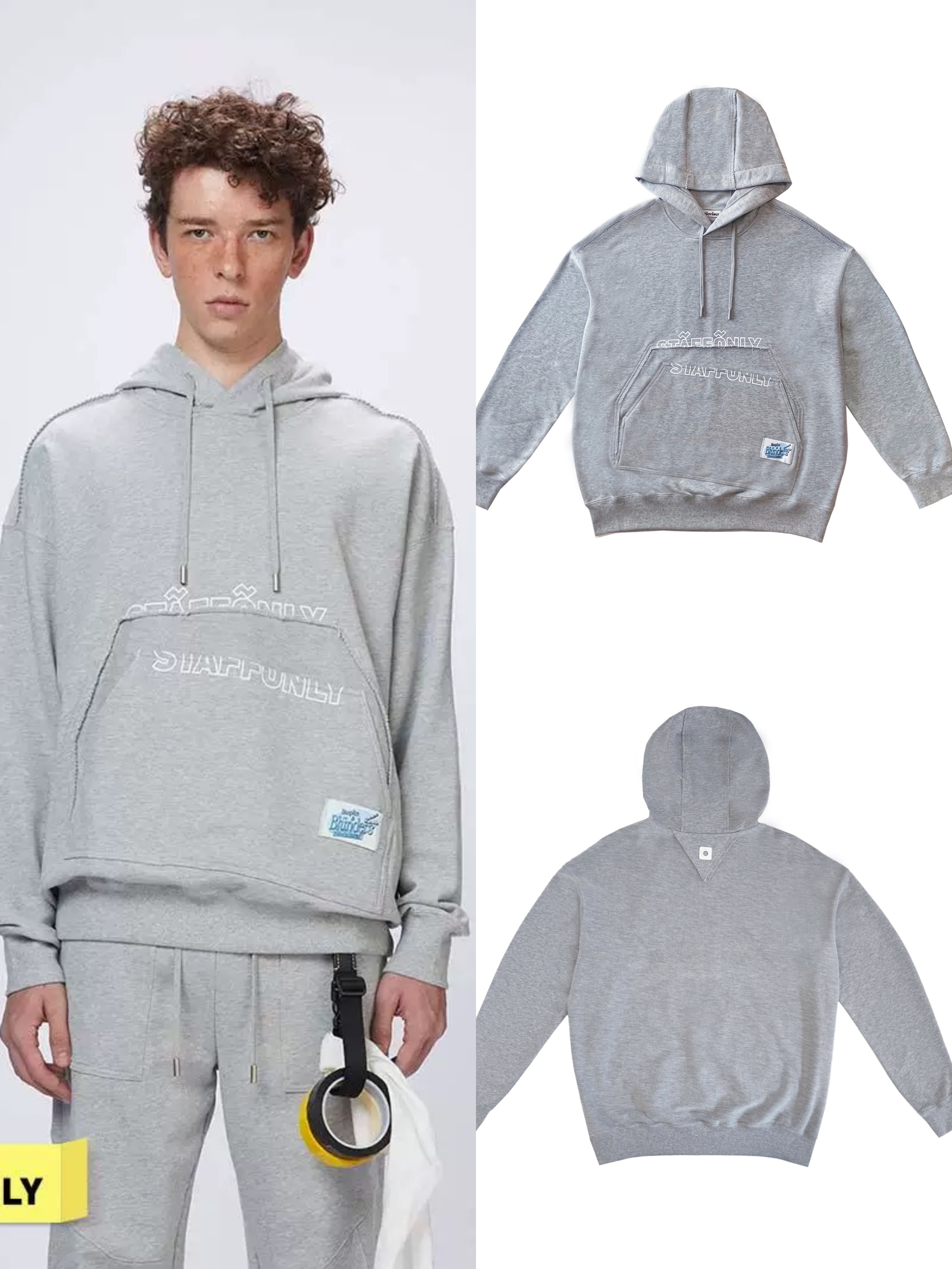 STAFFONLY灰色错位口袋帽衫连帽秋冬卫衣