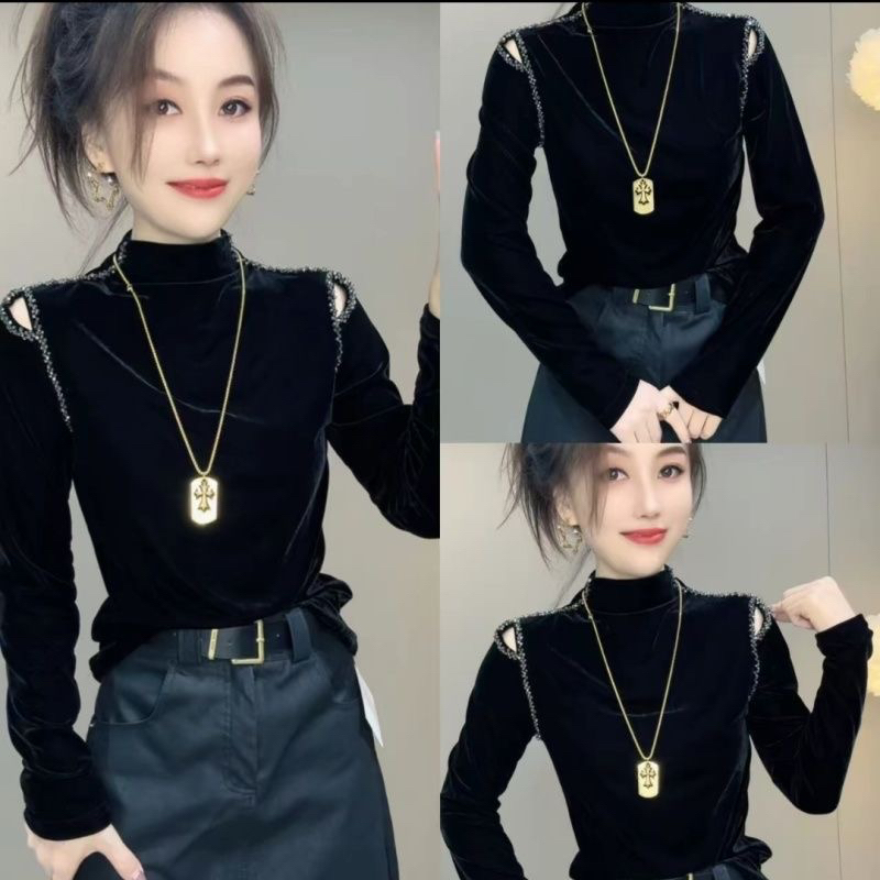 2025秋季高级感时尚百搭露肩款显瘦串珠气质丝绒衫手工T恤上衣女