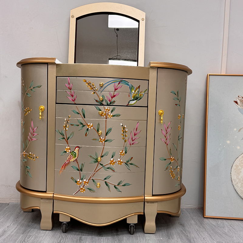 美式乡村卧室实木彩绘带翻盖镜子化妆台床边化妆桌珠宝首饰储物柜