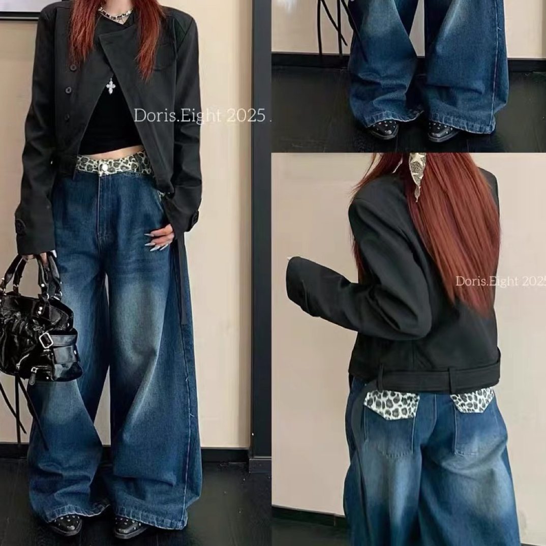 （默认瑕疵，没有运费险）豹纹大阔腿加绒加厚牛仔裤