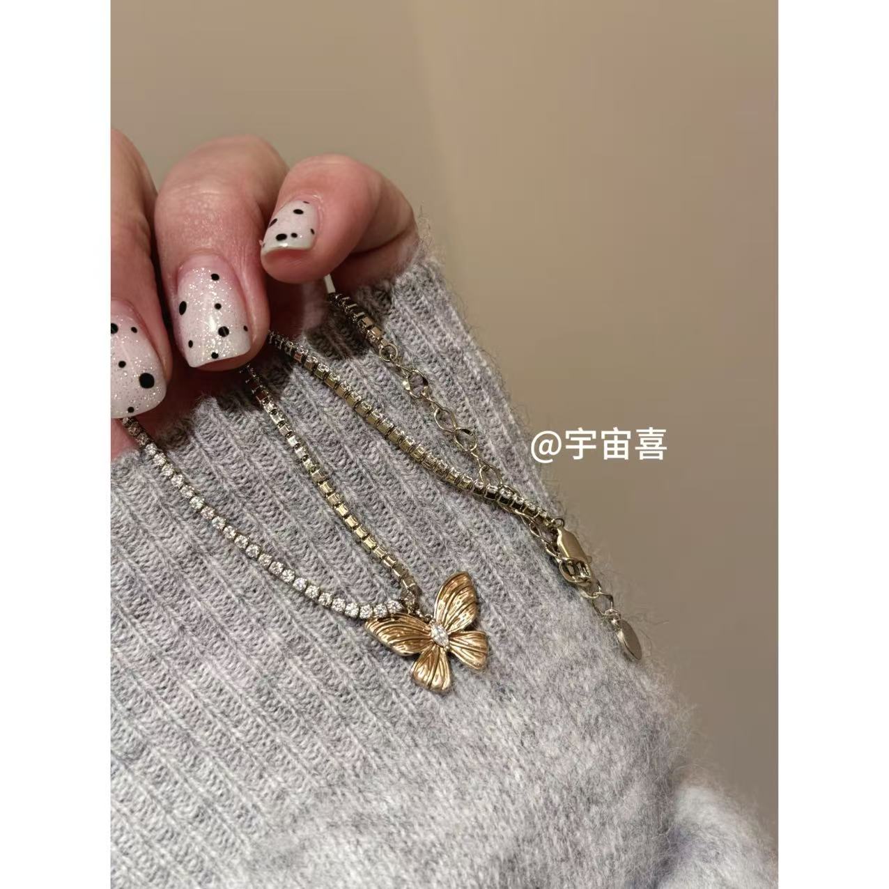 铜合金锆石项链 I2-741【浅金色白锆链条香槟珠光色蝴蝶项链】